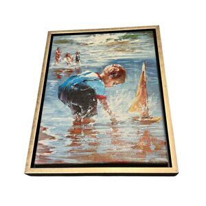 Picture Print Child in the Ocean with a Sailboat 13 3/4" x 17 3/4" Nicely Framed